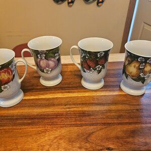 vintage 1980s chodziez footed mugs porcelain fruits motif  made in Poland